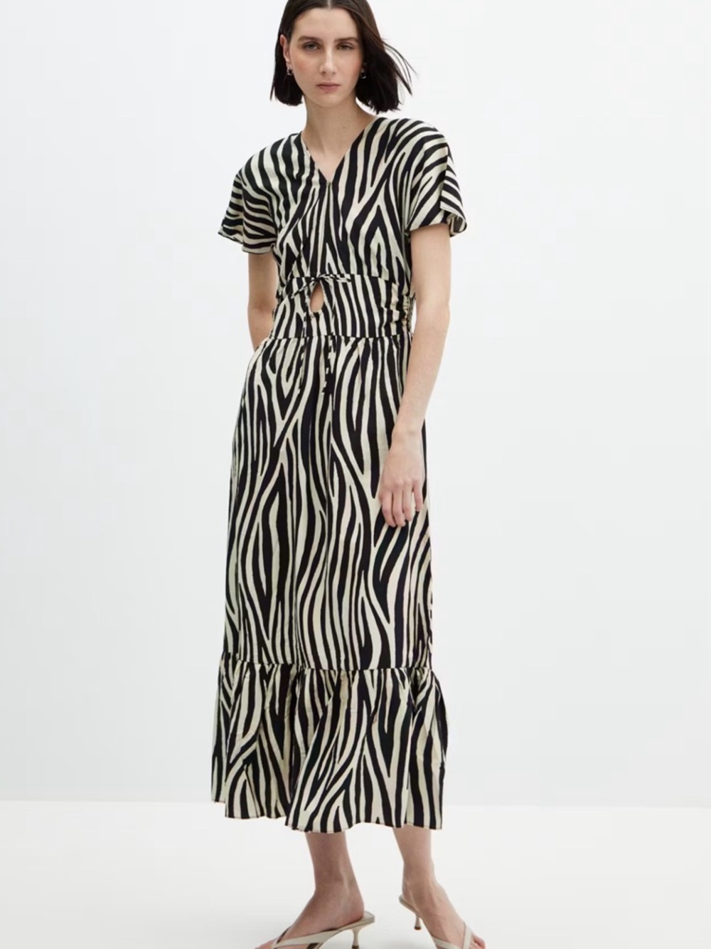 Mango Zebra-Print Tie-Front Maxi Dress in Black and Cream